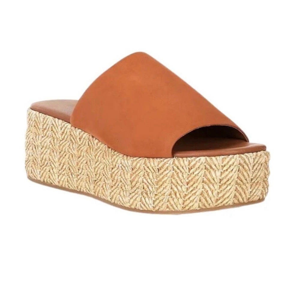 Free People Tan Leather Harbor Flatform Slide Sandals Woven Jute 9.5 Boho Chunky